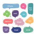 Vector set of hand drawn color think and talk speech bubbles with message, greetings and dialog. Stickers.